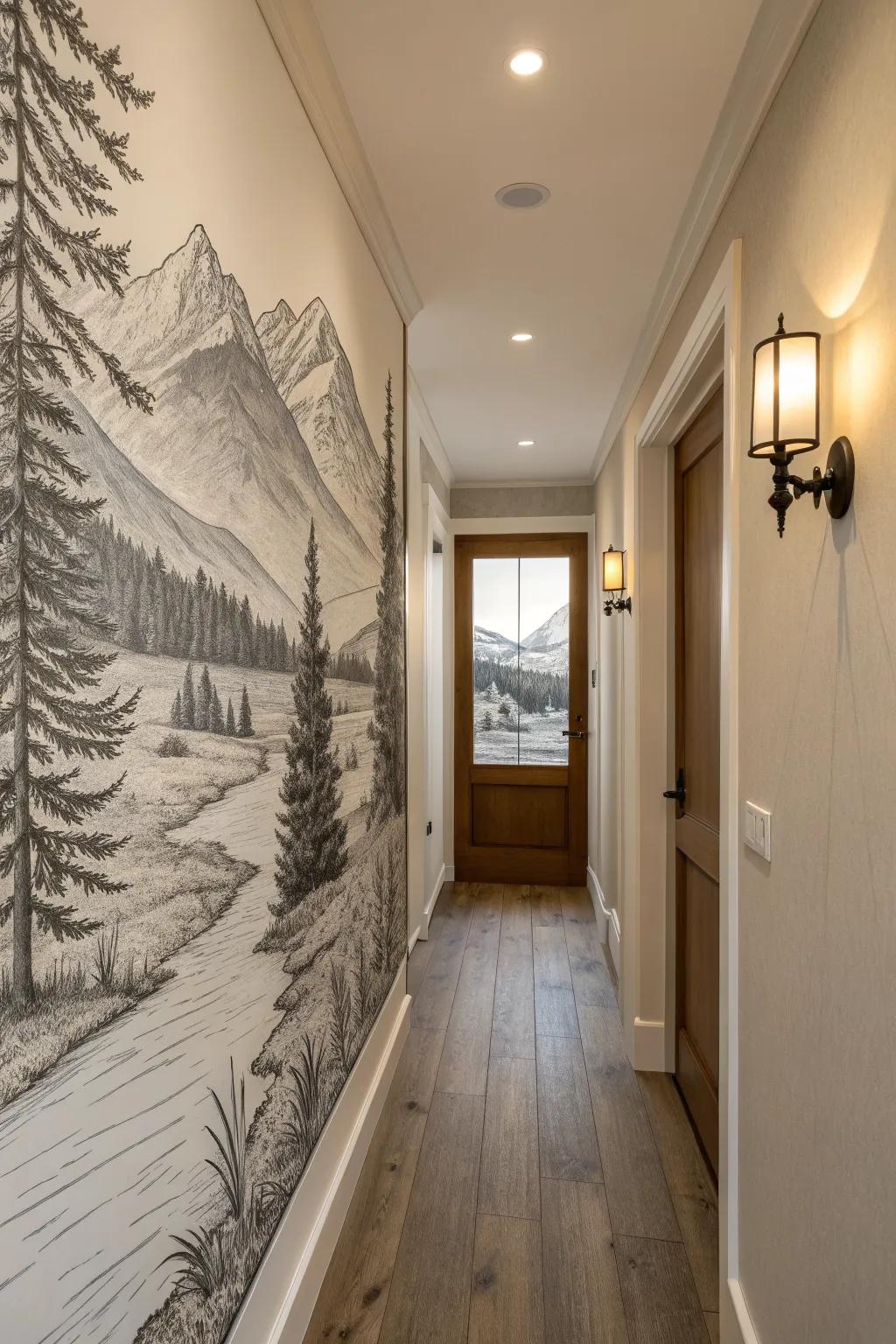 Vintage etching-style monochrome mural brings quiet sophistication to a narrow, low-light hall.