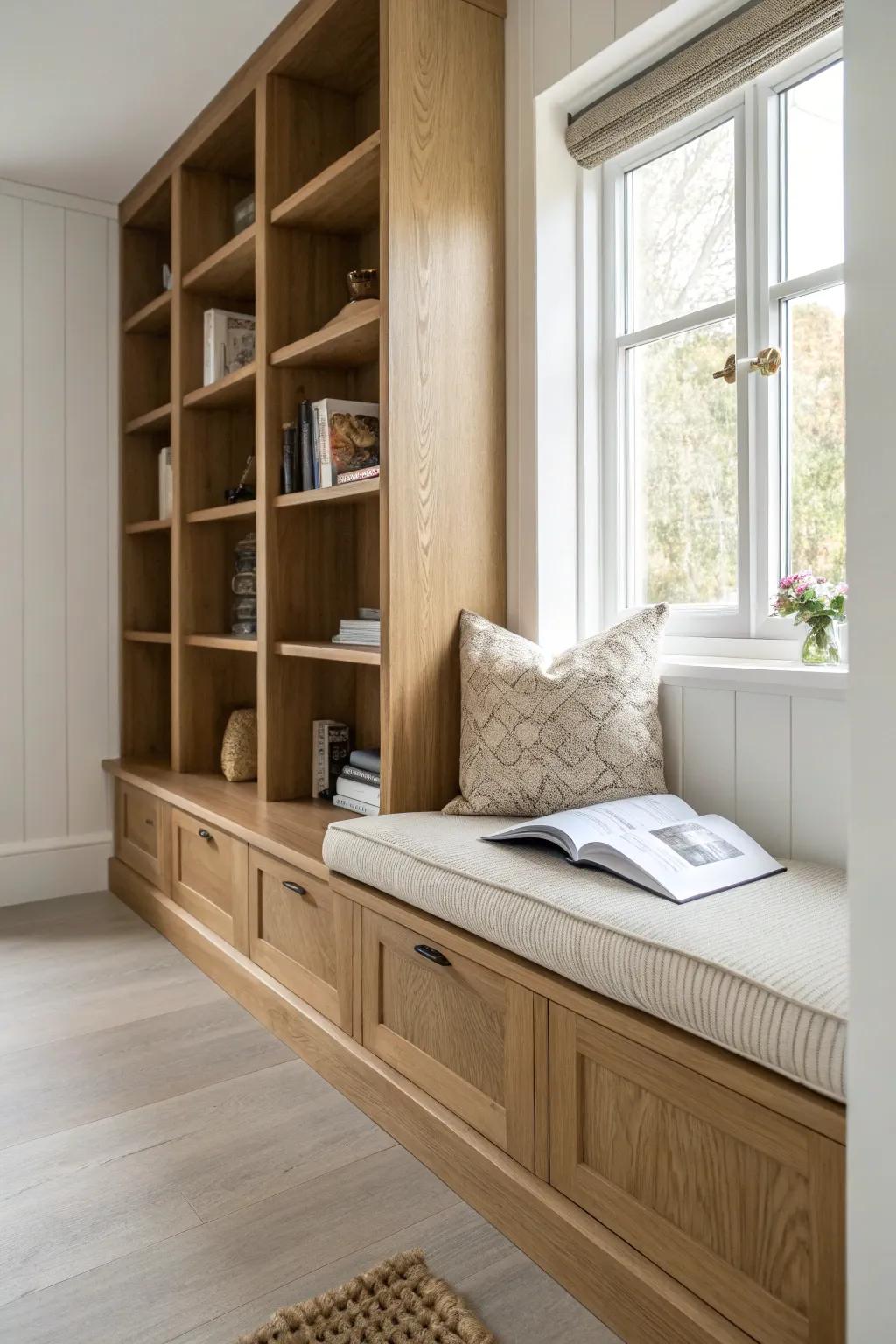 Turn a hallway niche into a cozy mini library with shallow built-ins and a soft bench seat.
