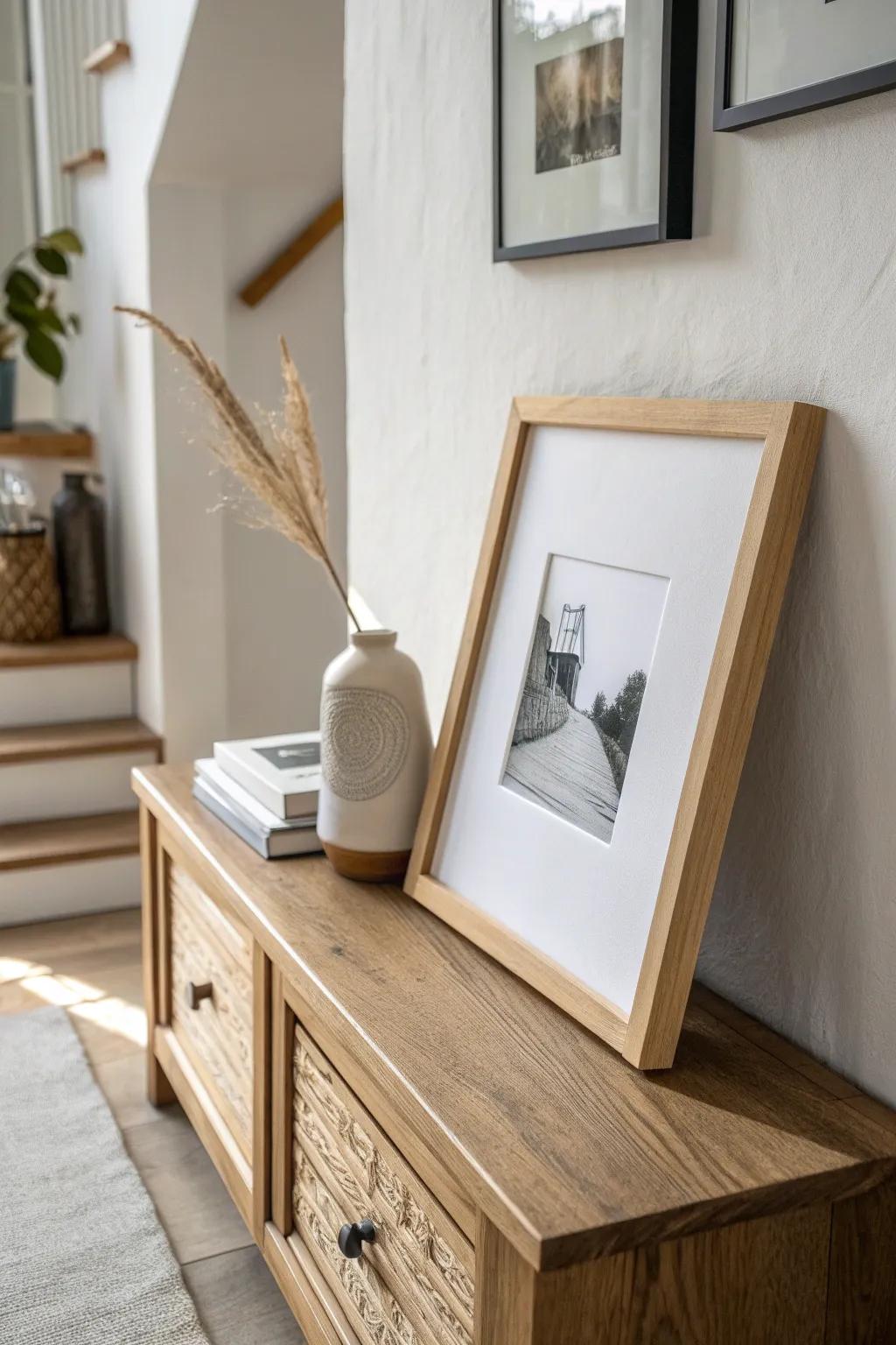 Oversized matting makes a small hallway photo wall feel like a curated gallery—instantly.