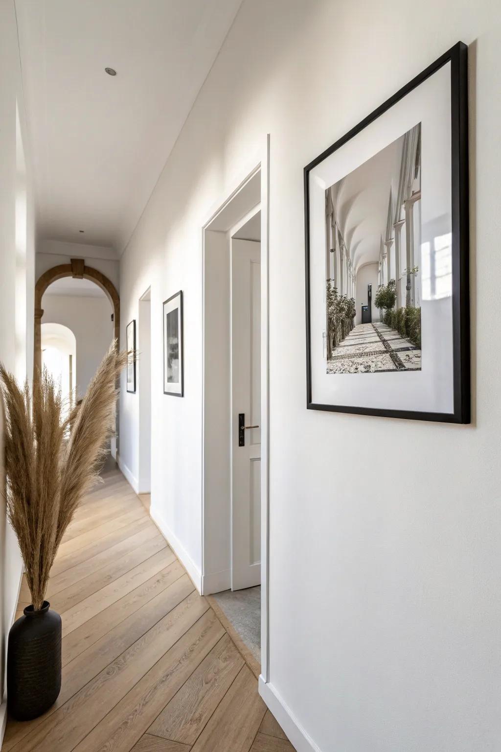 A single bold black frame makes monochrome hallway photos feel calm, cohesive, and chic.