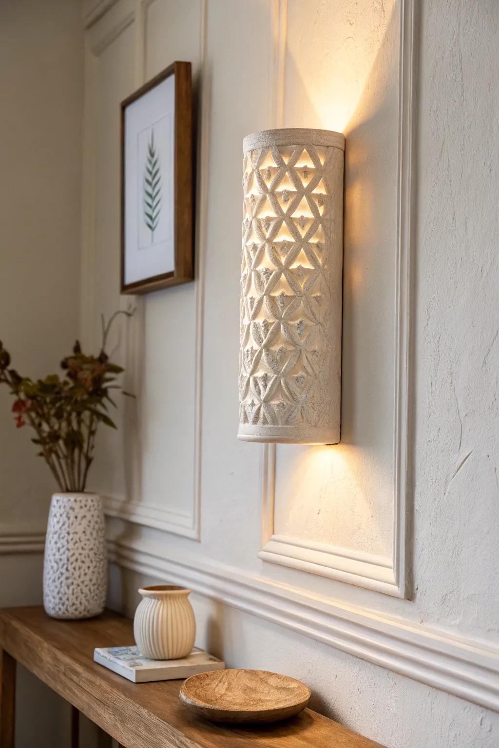 A slim console feels like a mini foyer when a warm sconce adds glow and contrast above.