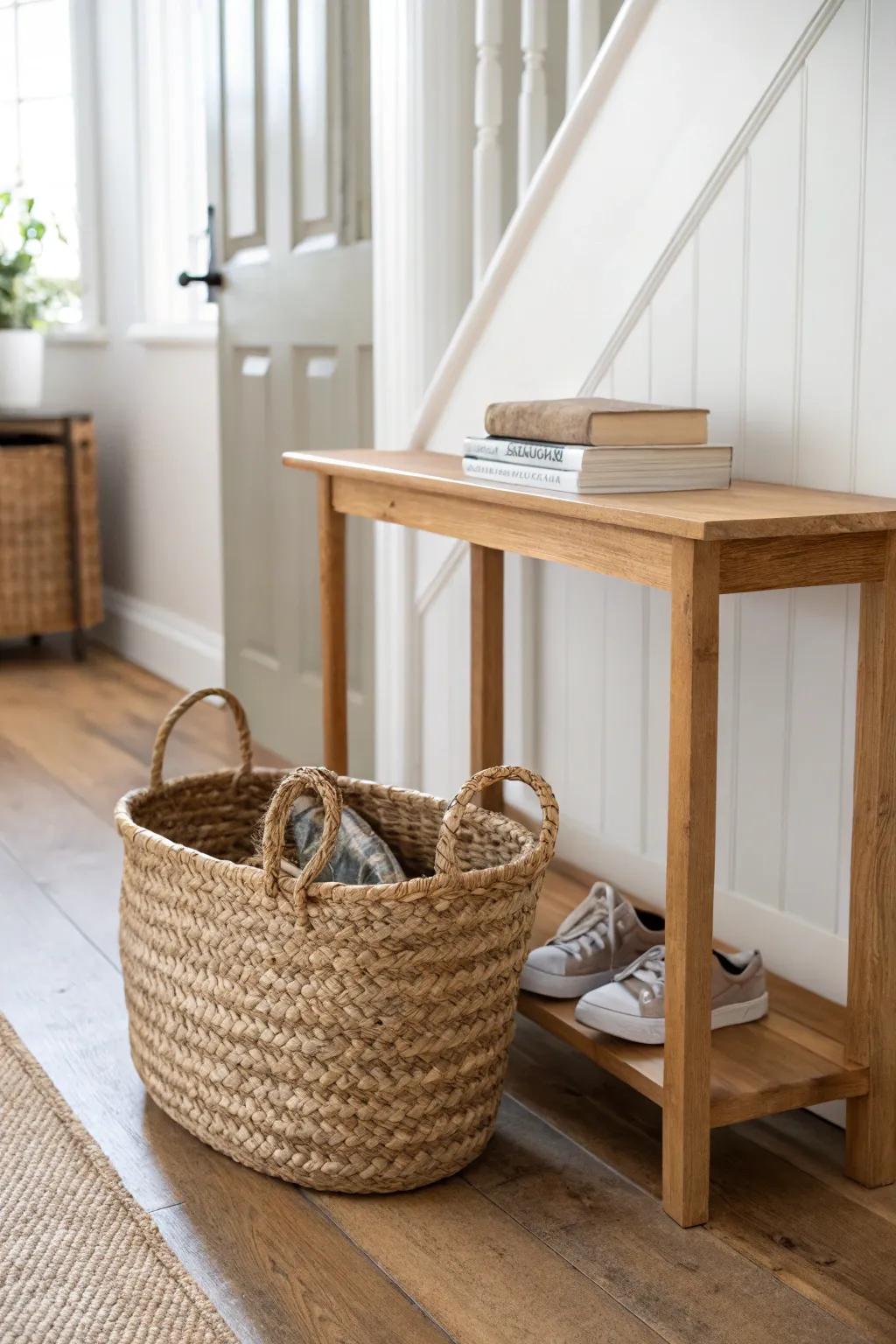 A woven basket under a slim console keeps shoes hidden—and slides out in seconds.