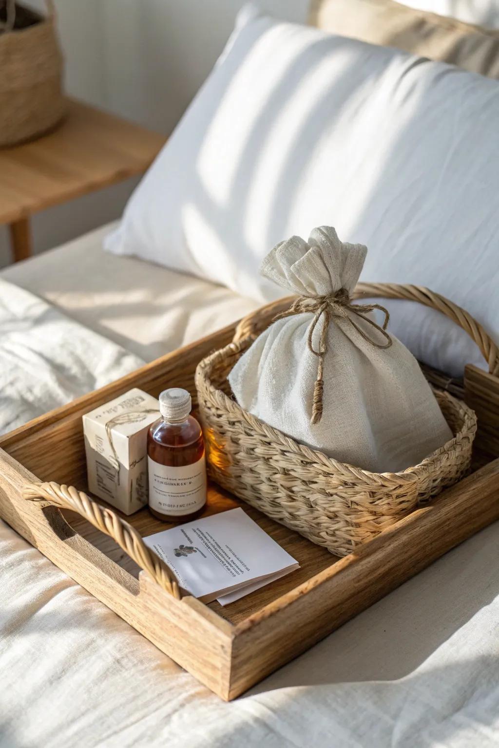 A cozy breakfast-in-bed hamper: pancake mix, syrup, tea + honey—styled for tiny spaces.