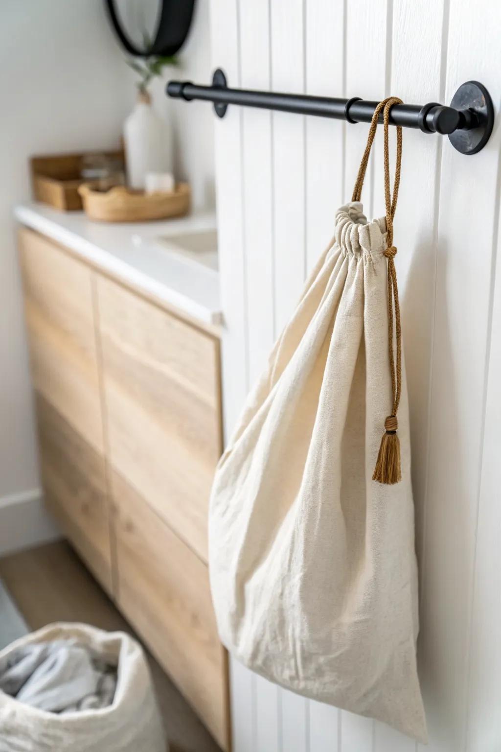 Renter-friendly tension rod + linen hanging laundry bag turns a slim gap into storage.