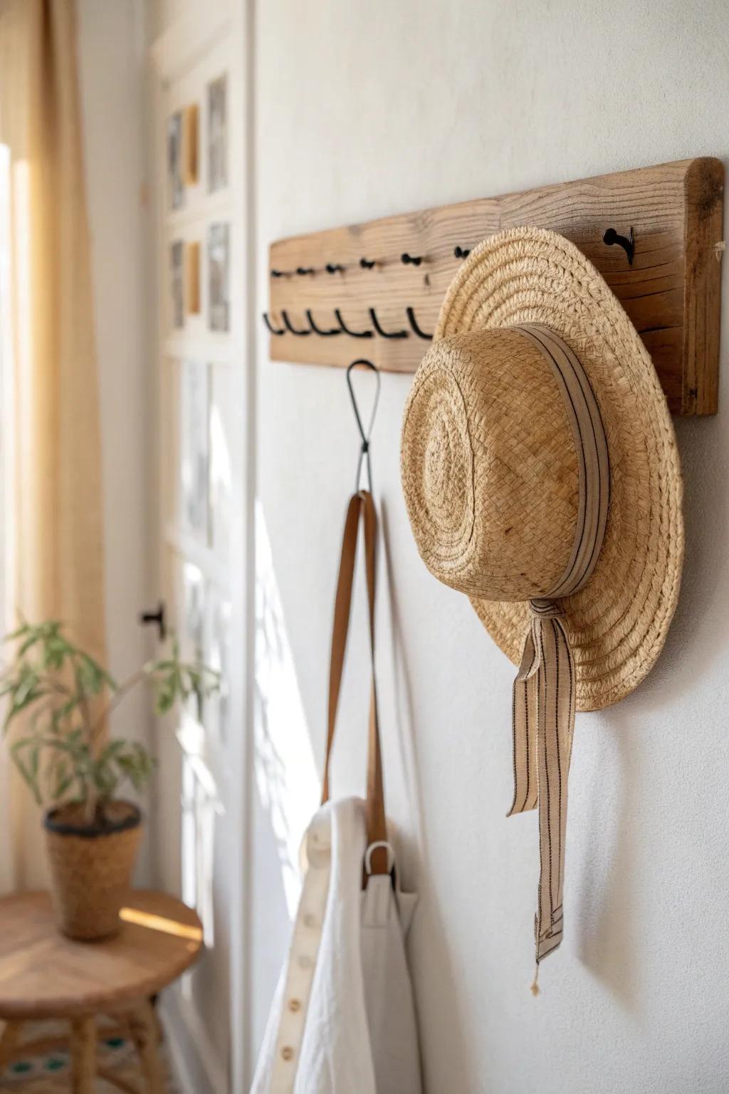 A single straw hat on a handcrafted peg—gallery-style placement keeps small spaces calm.
