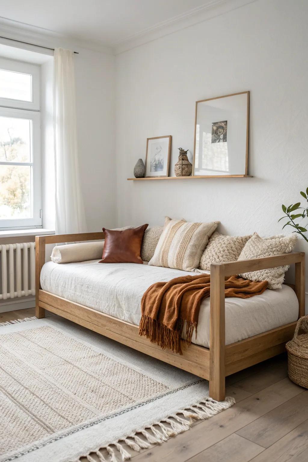 Daybed-as-sofa magic: crisp linen, soft pillows, and clean lines that hide a bed in plain sight.