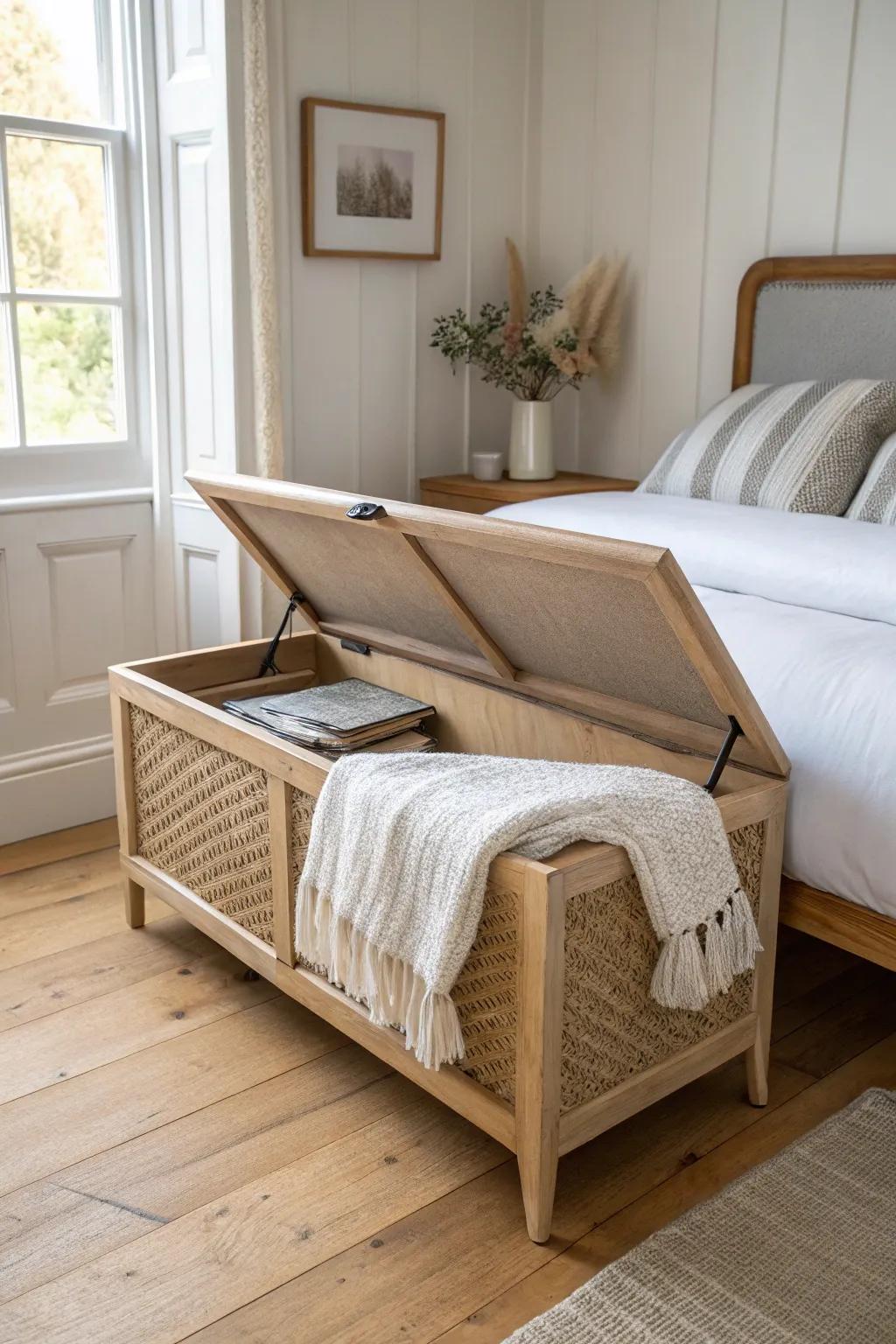 Chic storage bench hides spare linens while looking like decor—perfect for tiny bedrooms.