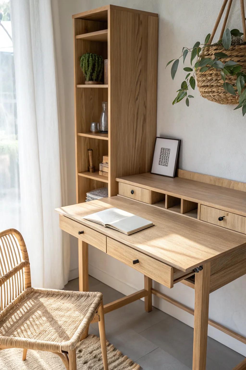 A secret pull-out desk that disappears into your shelving—minimal, warm, and space-saving.