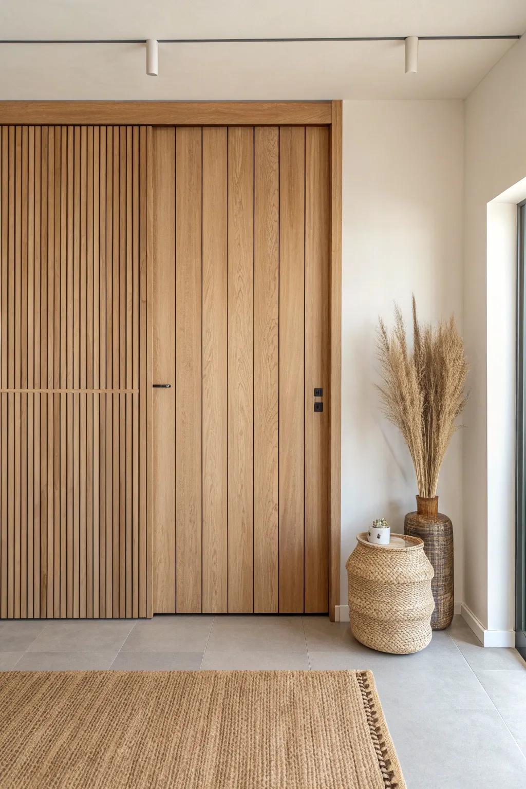 A vertical slat wall that hides a closet door—seamless, modern, and beautifully minimal.
