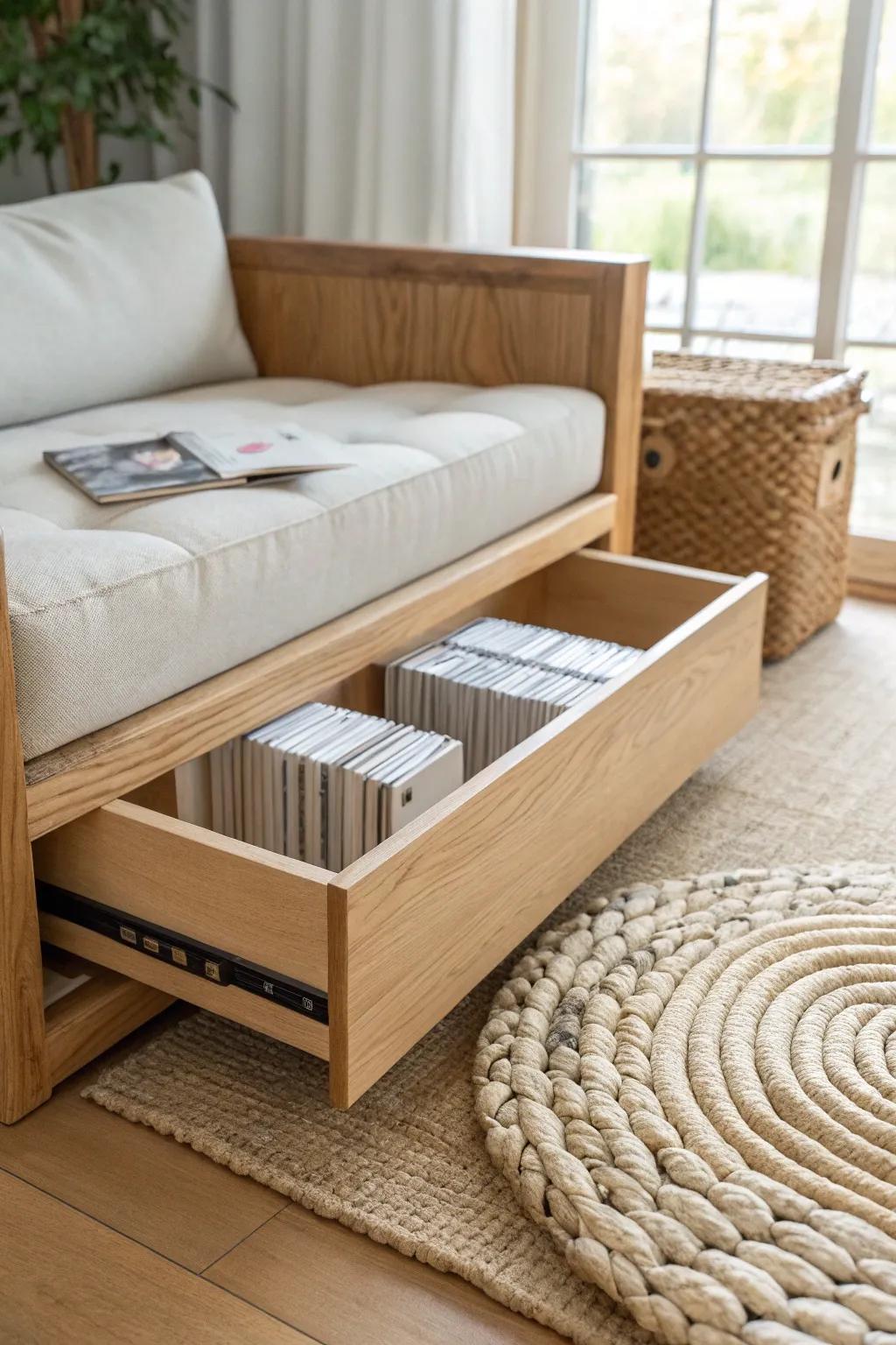 A sleek under-sofa pull-out bin hides DVDs in plain sight—minimal, tidy, and easy to access.