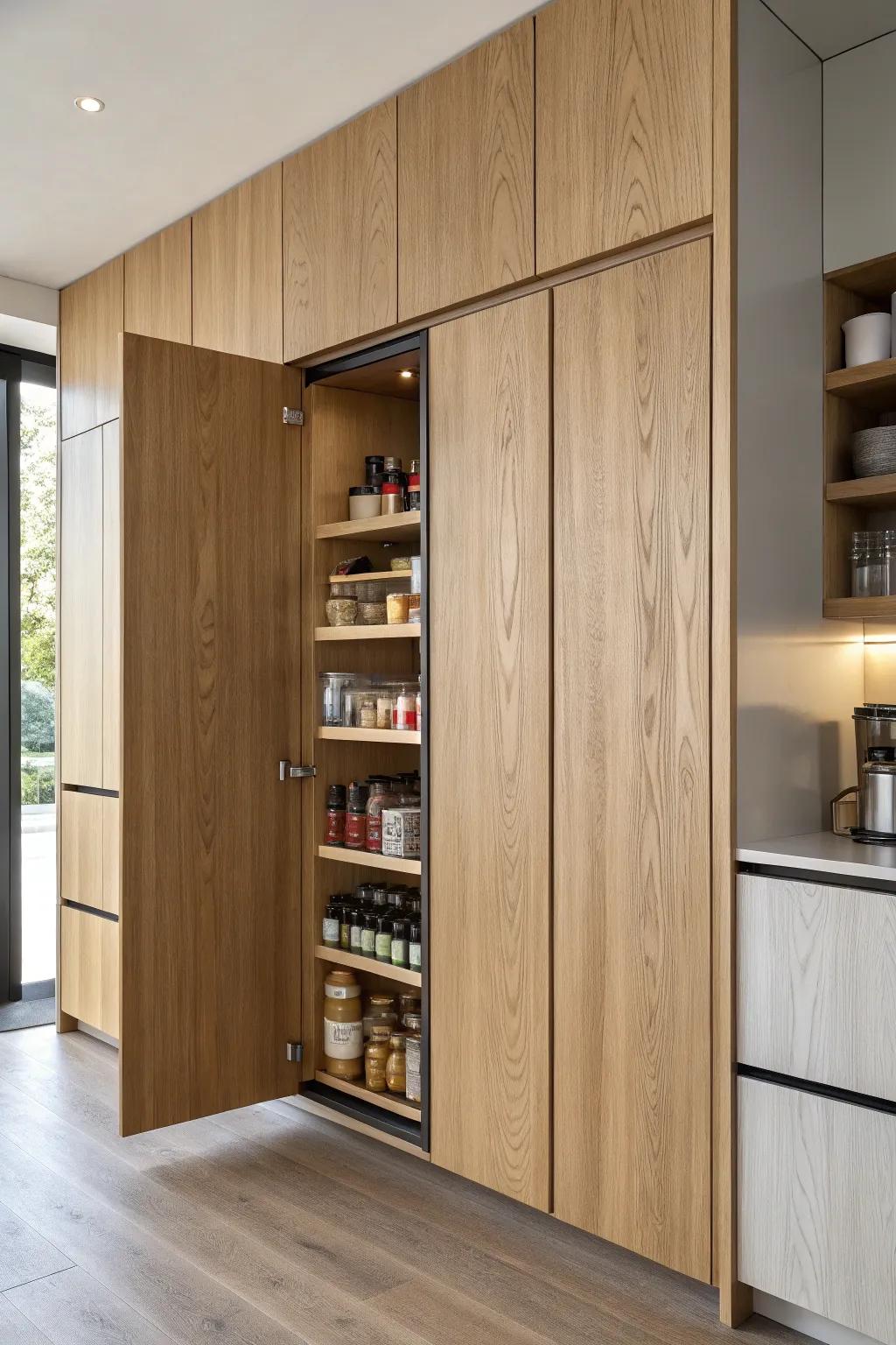 A seamless pocket door hides the pantry in the cabinet line—no swing space, just sleek surprise.