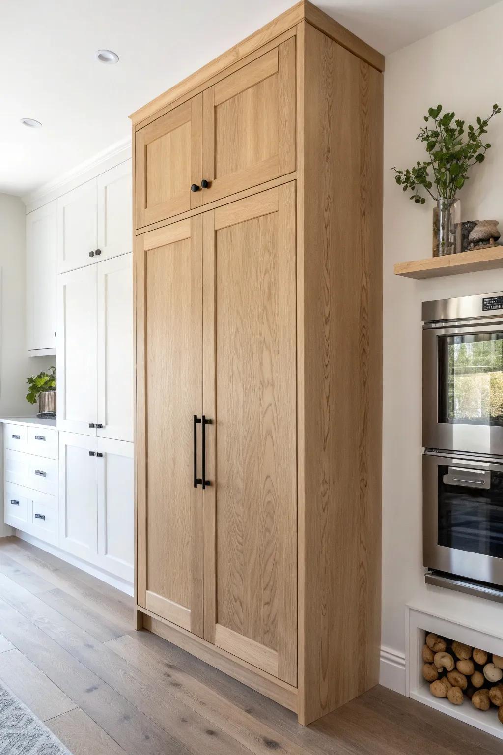 Pantry-style cabinet doors conceal the water heater and furnace for a seamless built-in look.