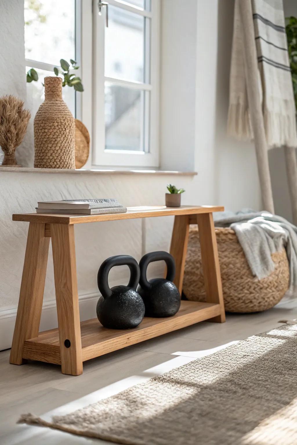 A low, sturdy shelf keeps kettlebells tidy, safe, and beautifully calm in small spaces.