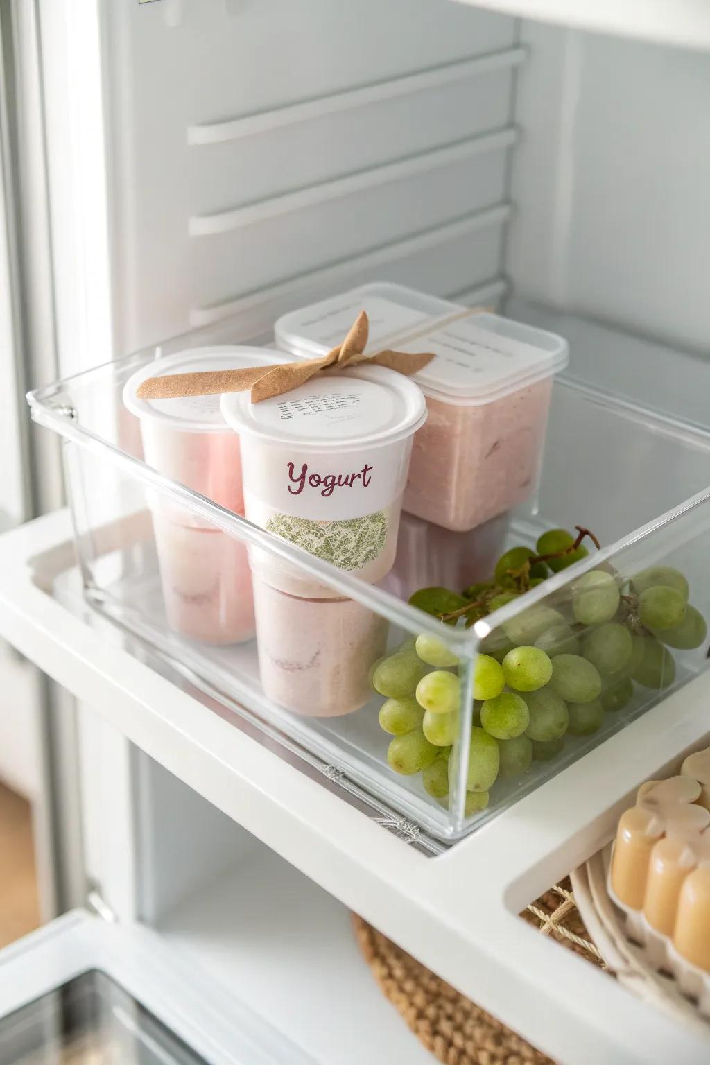 Create fridge zones with clear stackable bins—no more hidden yogurts or soggy produce.
