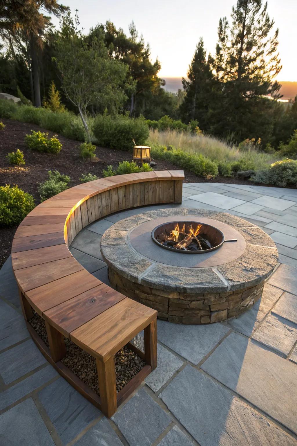 Transform your patio into a masterpiece of comfort and style with this handcrafted fire pit seating design.