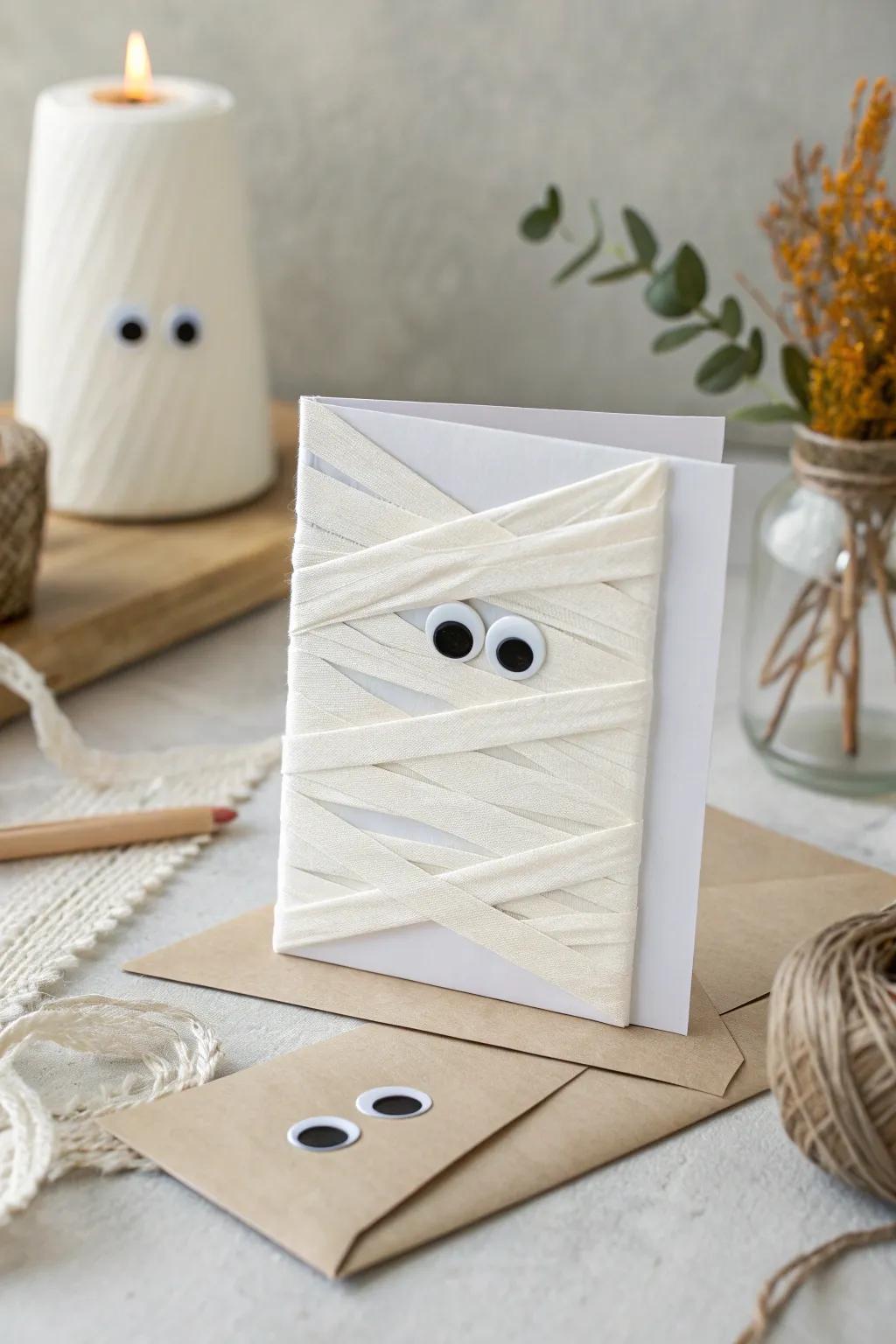 Peek-a-boo! This charming mummy wrap card brings a touch of Halloween whimsy to minimalist design.