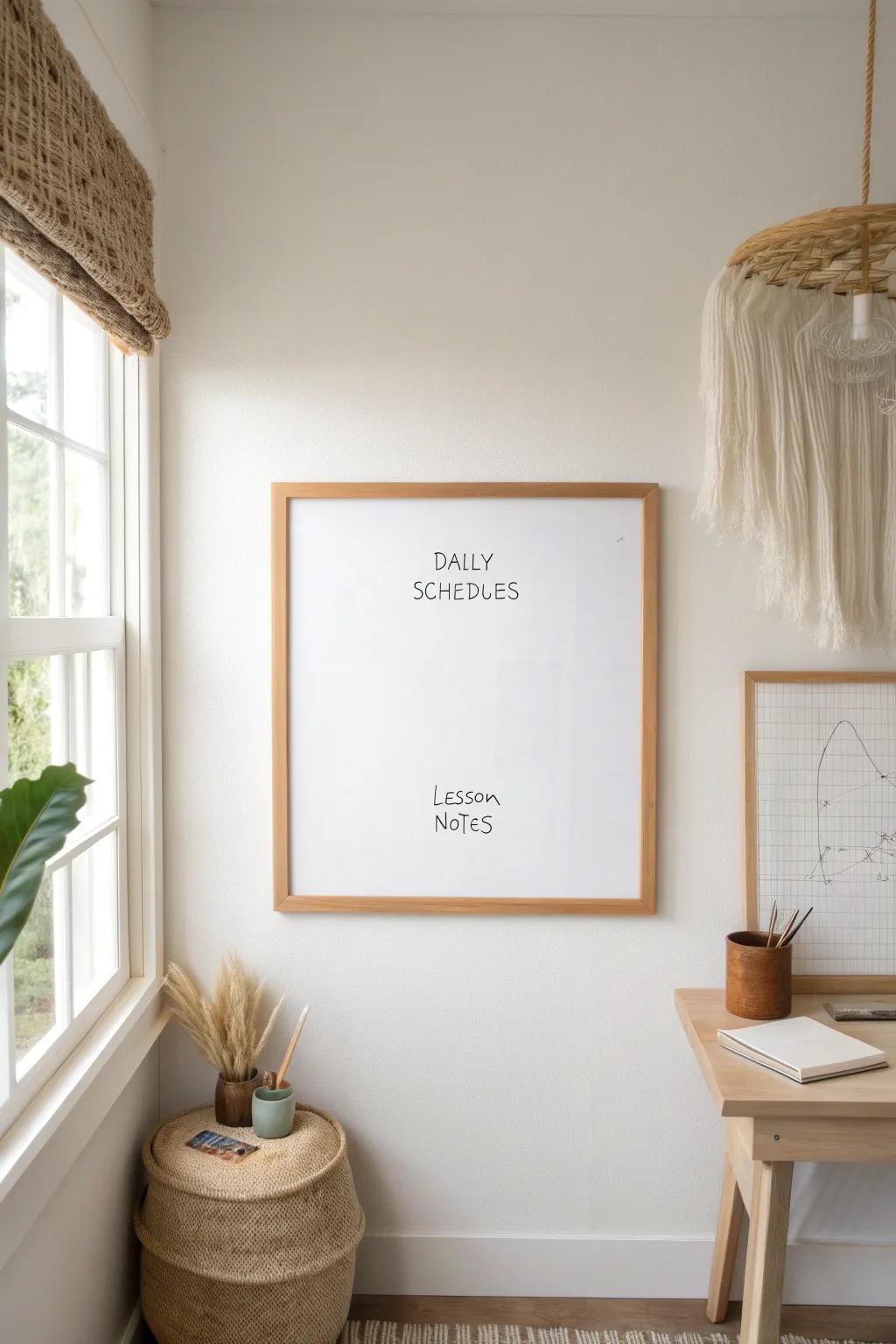 A big wall-mounted whiteboard keeps homeschool plans visible—no paper clutter, even in small rooms.