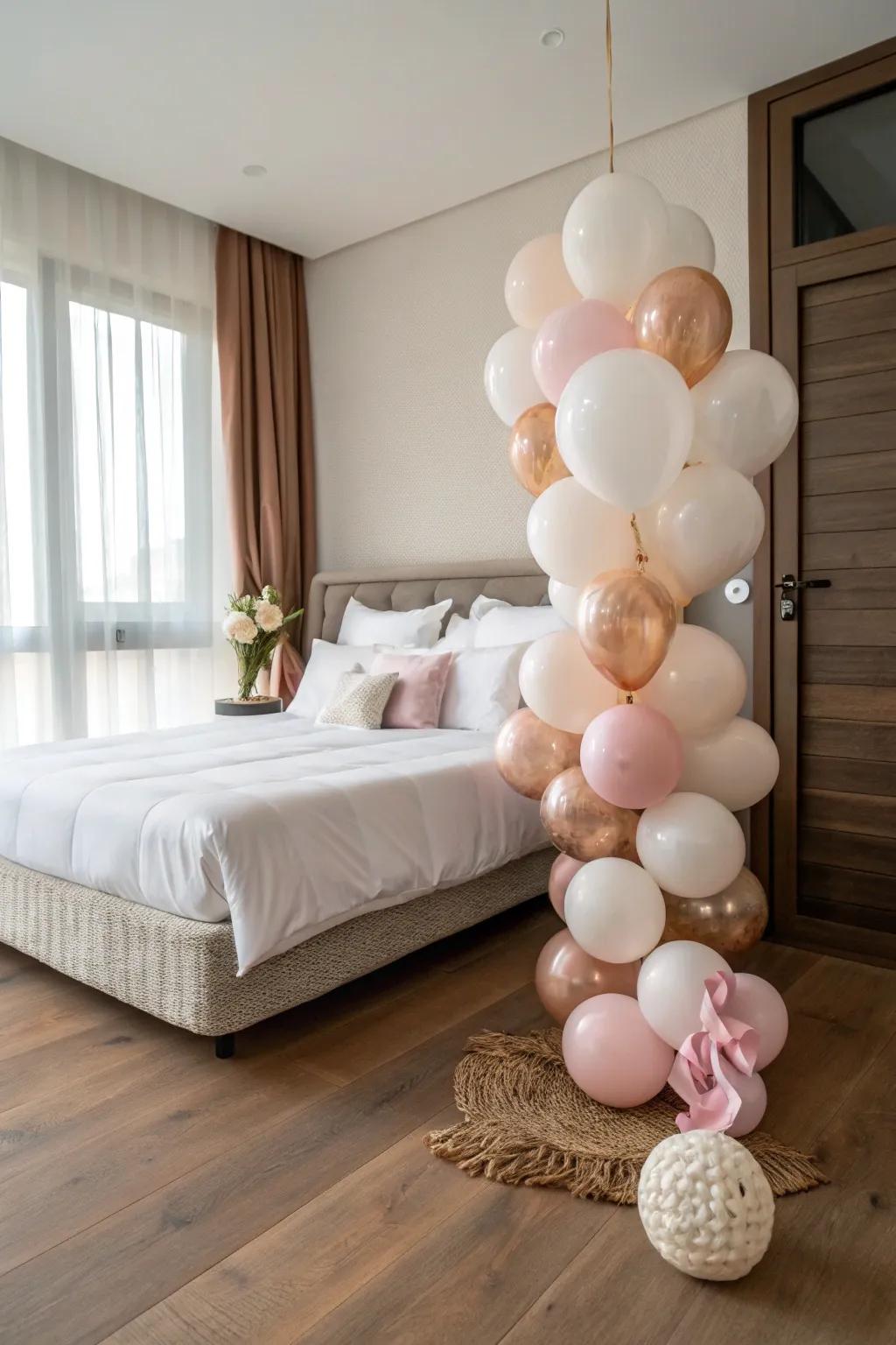 Let pastel balloons spill at the bed’s foot for a full-room birthday look in tiny hotels.