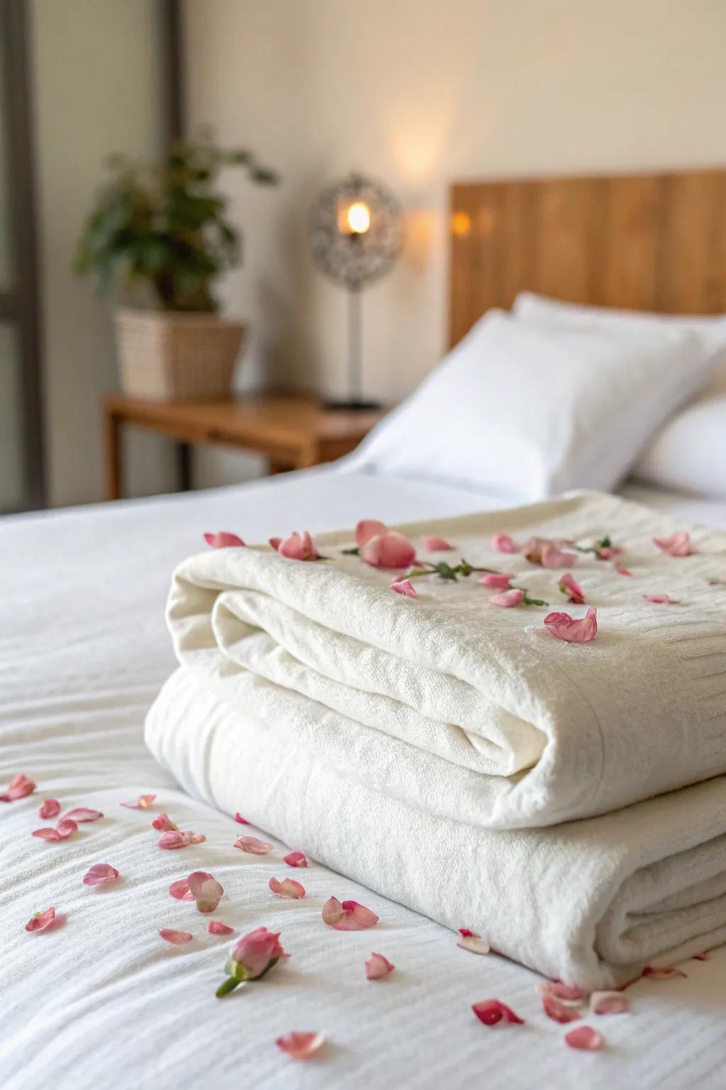 Petals, but smart: a tidy blush trail on a linen throw for easy cleanup and luxe vibes.