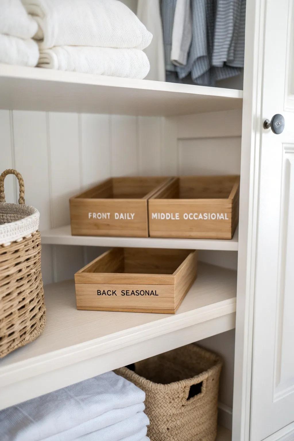 Zone deep shelves front-to-back: daily items up front, occasional mid, seasonal tucked behind.