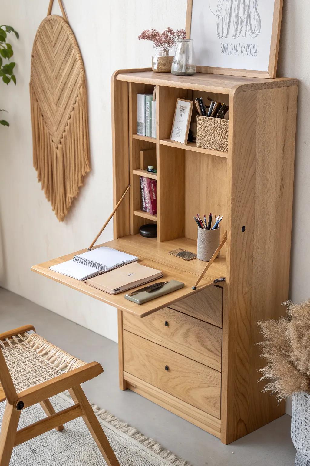 Fold-down oak desk + mini shelf: a tidy homework station that fits even the tiniest corner.
