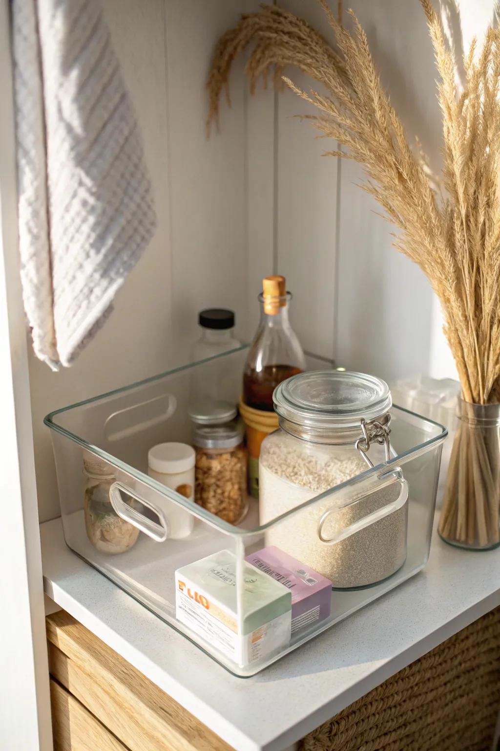 Clear bins make corner cabinets effortless—create tidy zones so pantry items never drift into chaos.