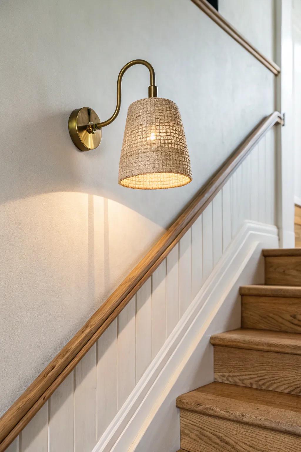 A warm wall sconce glow makes the stairwell’s dead space feel curated and cozy.