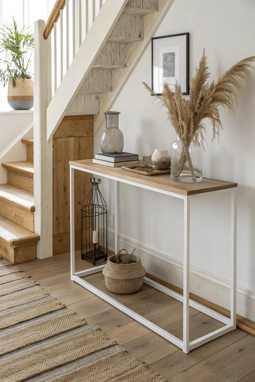A slim console at the stair base—just a tray and one tall vase for effortless order.