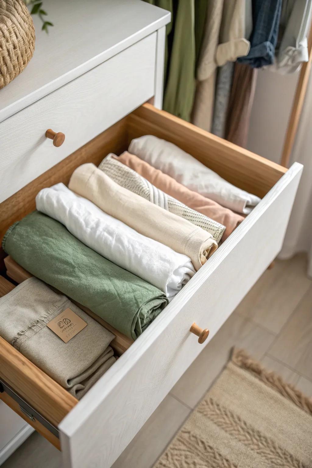 File folding keeps every tee visible at a glance—no more forgotten piles at the bottom.