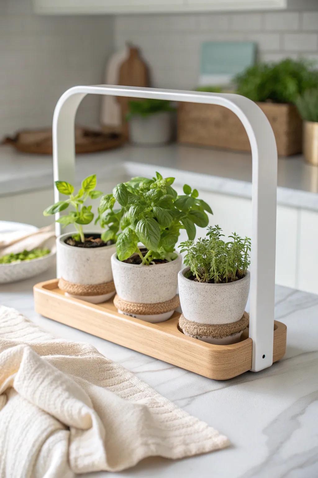 Tiny countertop grow-light station—fresh herbs thriving even in low-sun kitchens.