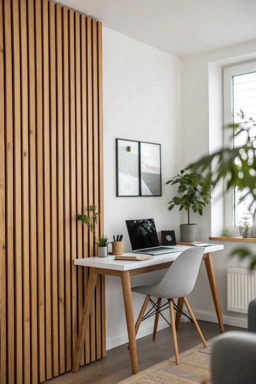 A warm oak slat focus wall that makes any tiny home office feel polished on camera.