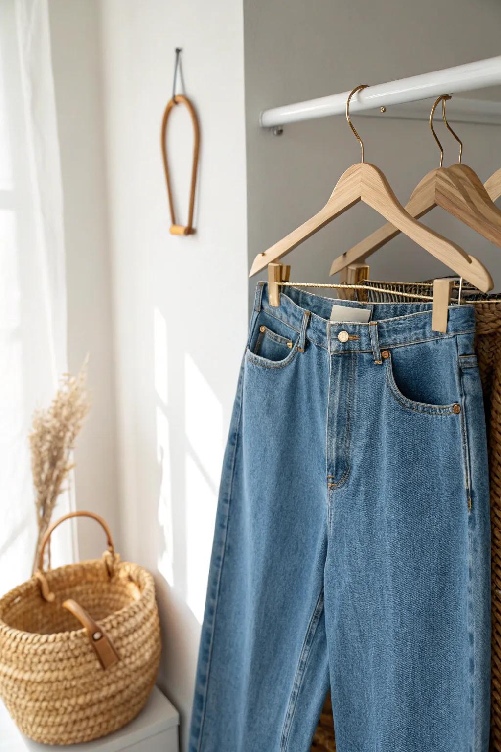 Clip jeans by the waist and hang full length—sleek, crease-free storage for tiny closets.