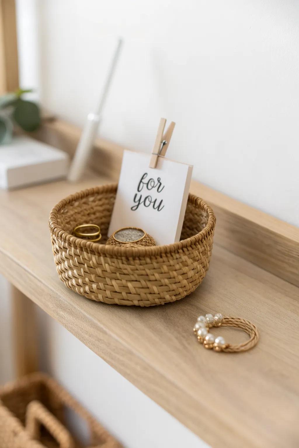 A woven jewelry basket with a tiny message tag—simple, curated, and gift-ready in minutes.