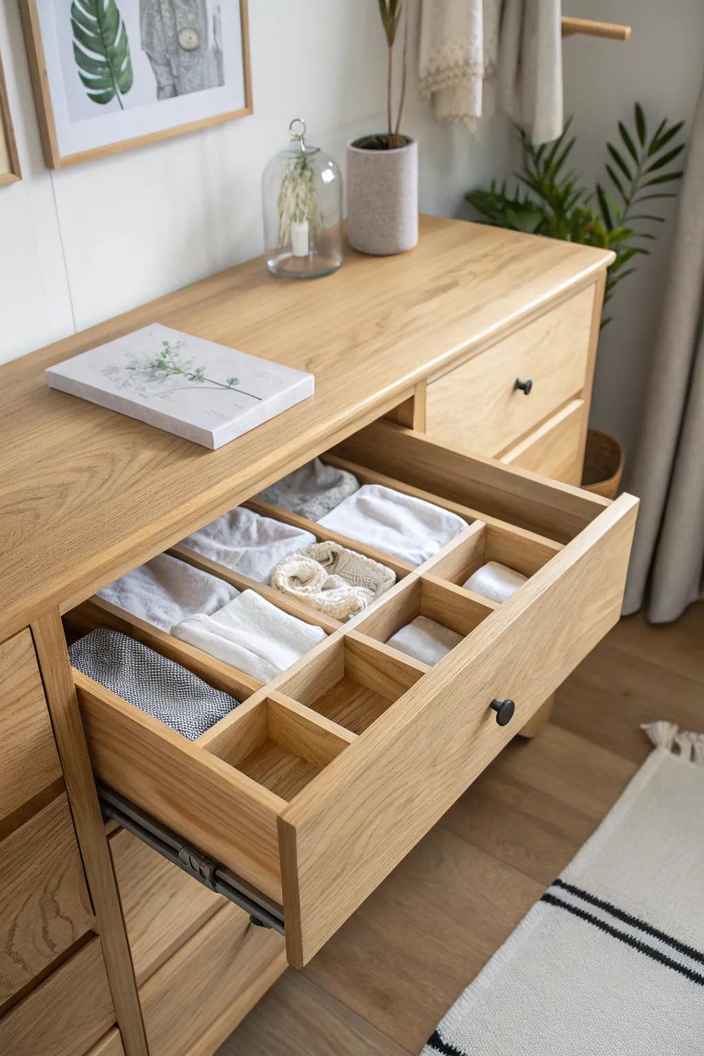 Handmade drawer dividers create simple zones so kids can sort socks and pajamas fast.