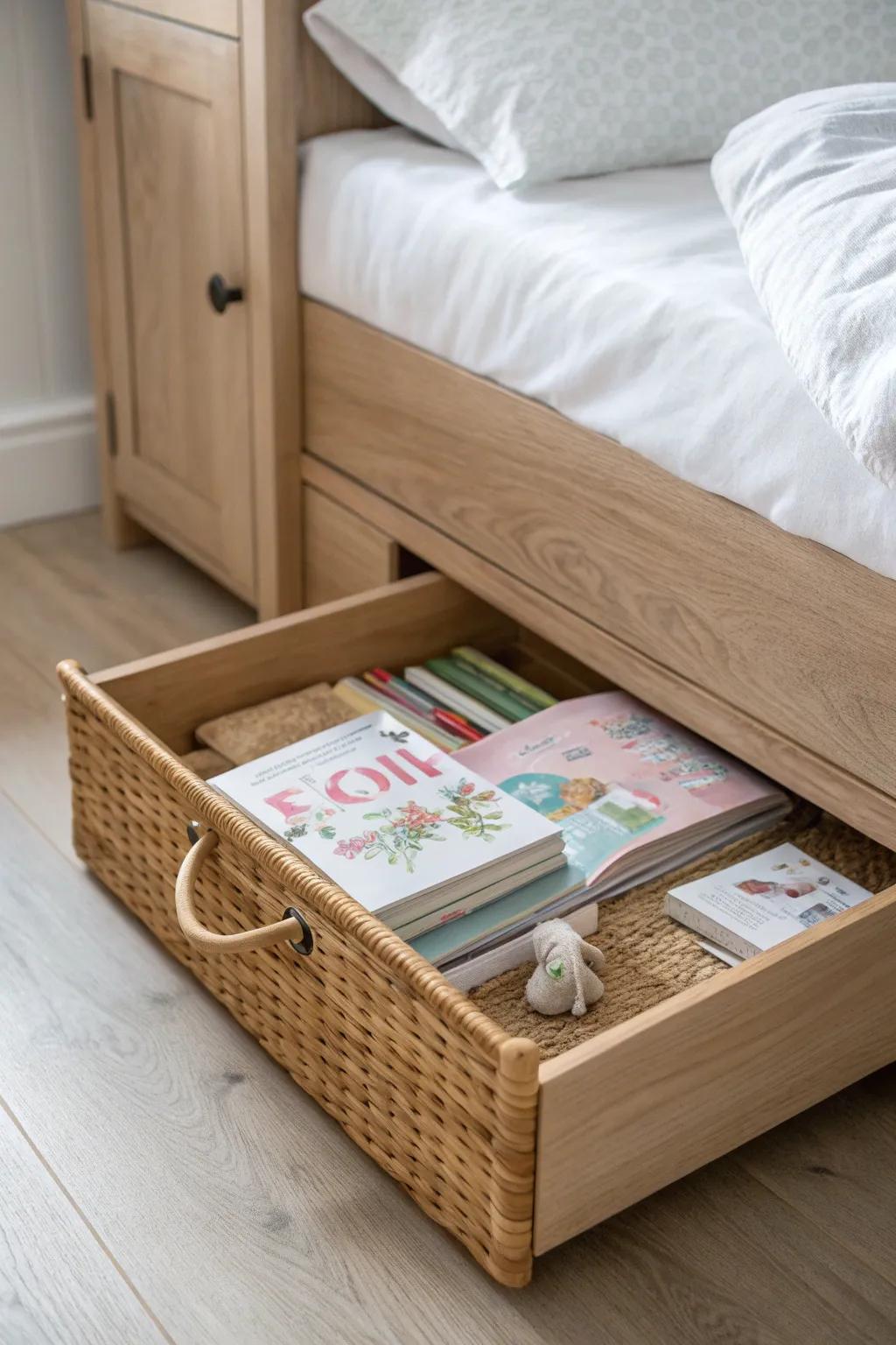 A pull-out under-bed book drawer keeps extra stories tidy while favorites stay within reach.