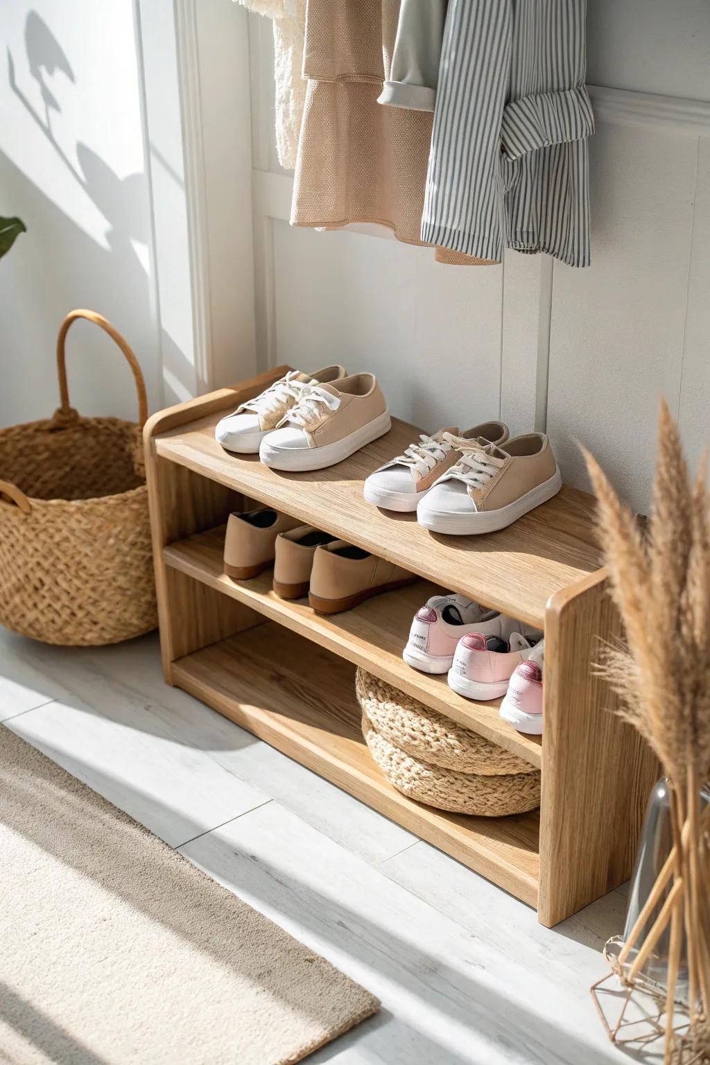 A low shoe shelf keeps tiny sneakers tidy and the closet floor completely clear.