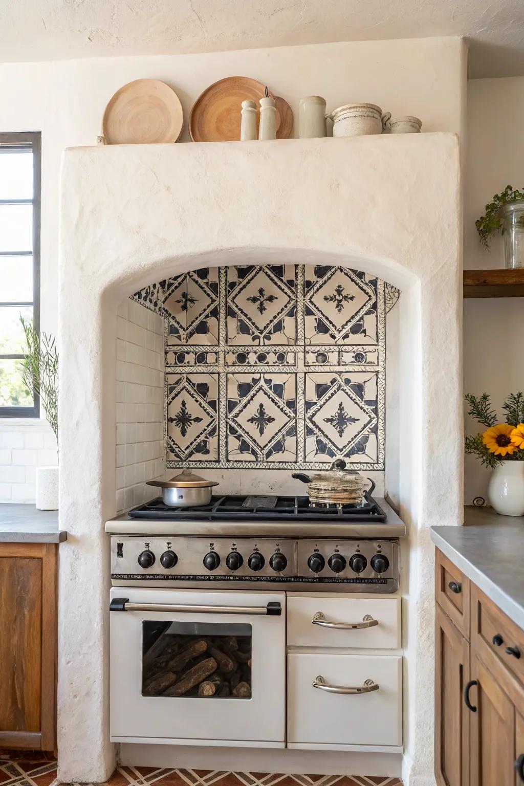 Make a small range alcove unforgettable with a bold, high-contrast artisan tile statement.
