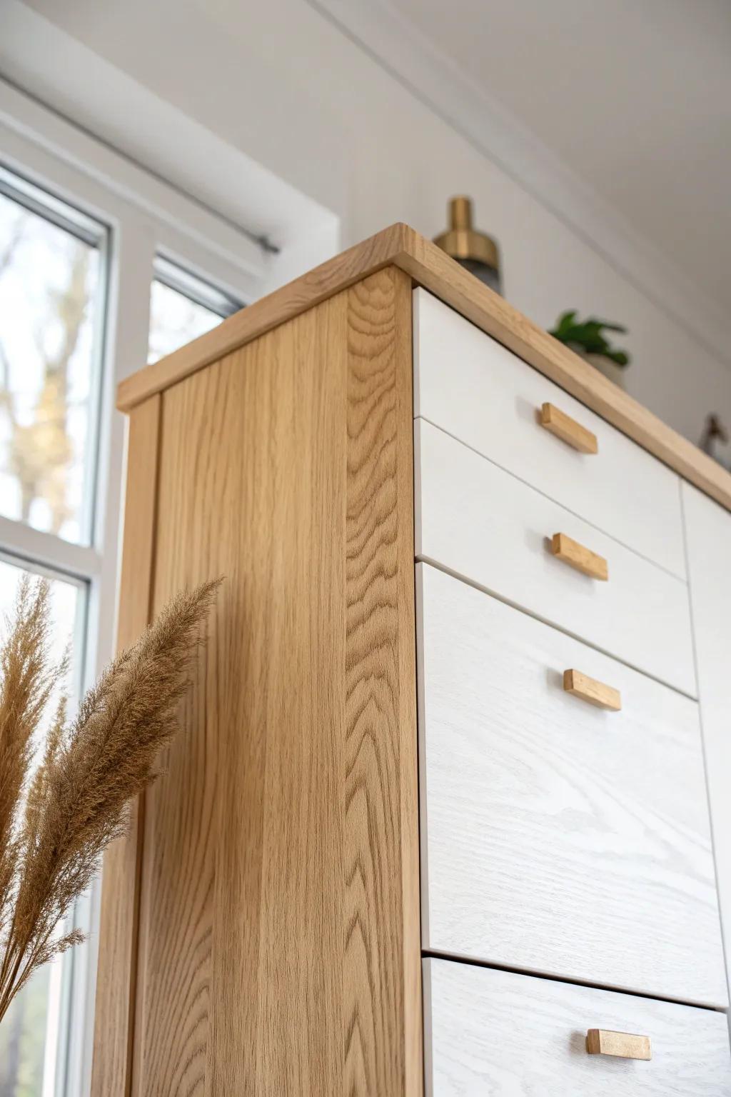Two-tone cabinet extension row for a built-in stacked look—small kitchen, big designer vibes.