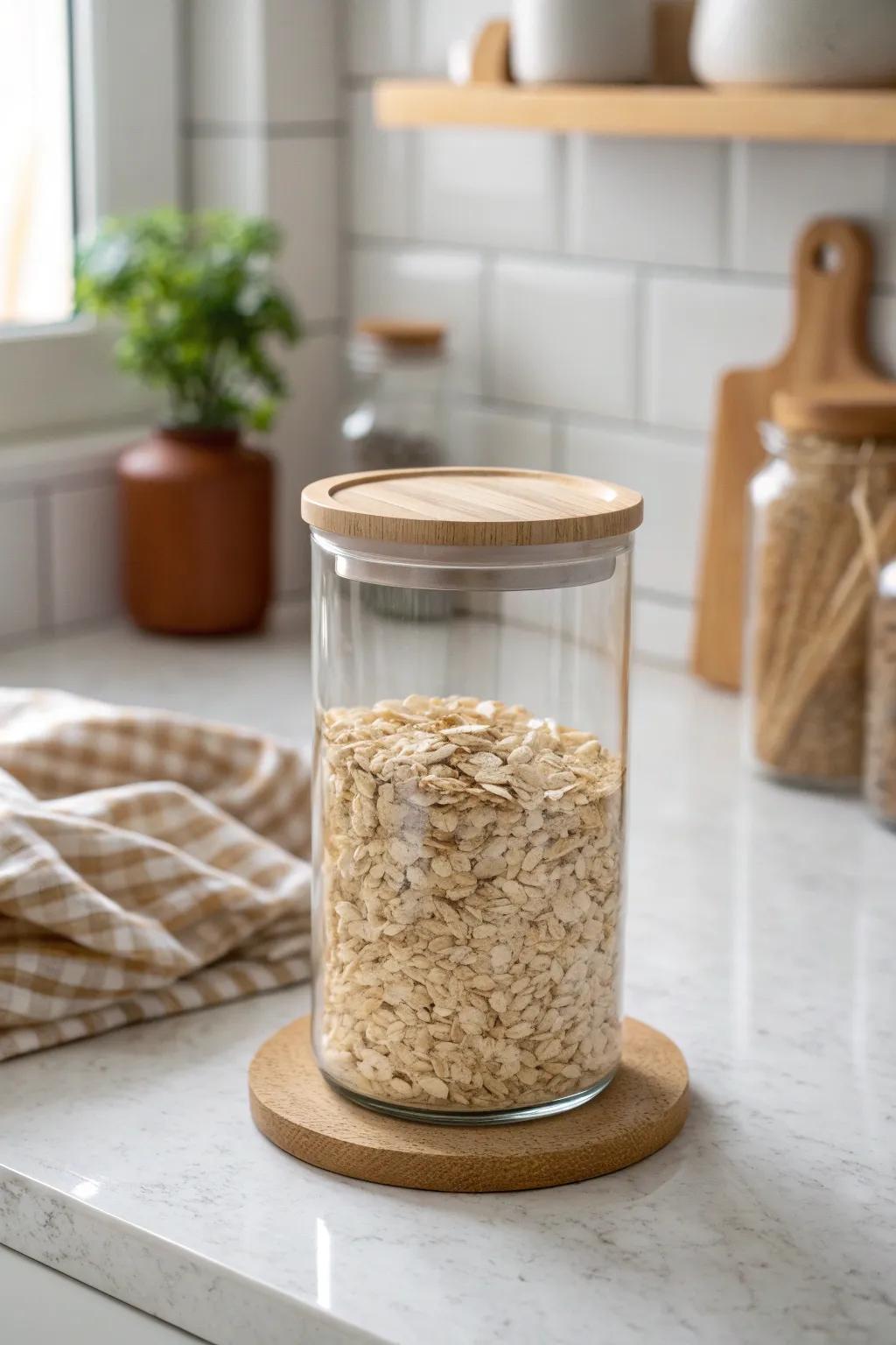 One clear jar of oats turns a tiny kitchen corner into a calm, counter‑pantry moment.