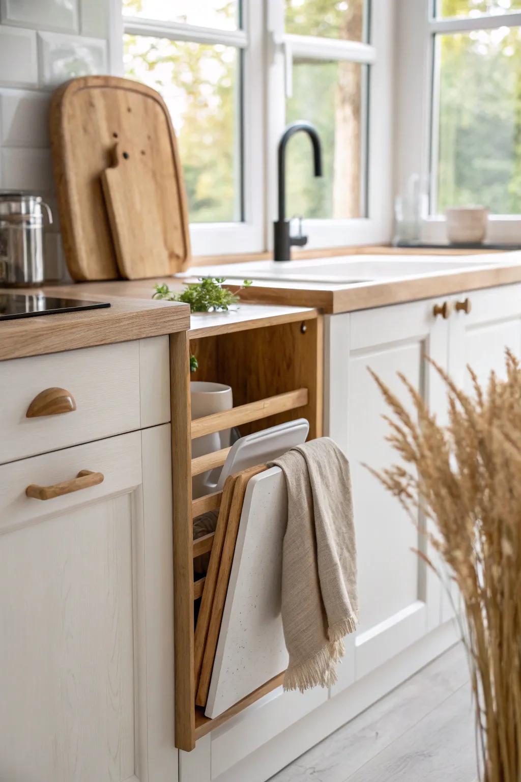 Turn a tiny cabinet gap into a sleek vertical slot for trays and boards—no more wobbly stacks.