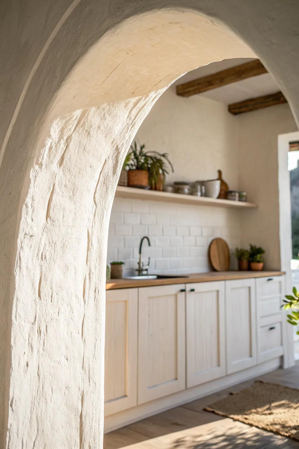 A soft plaster arch above a half wall adds instant warmth, flow, and custom character.