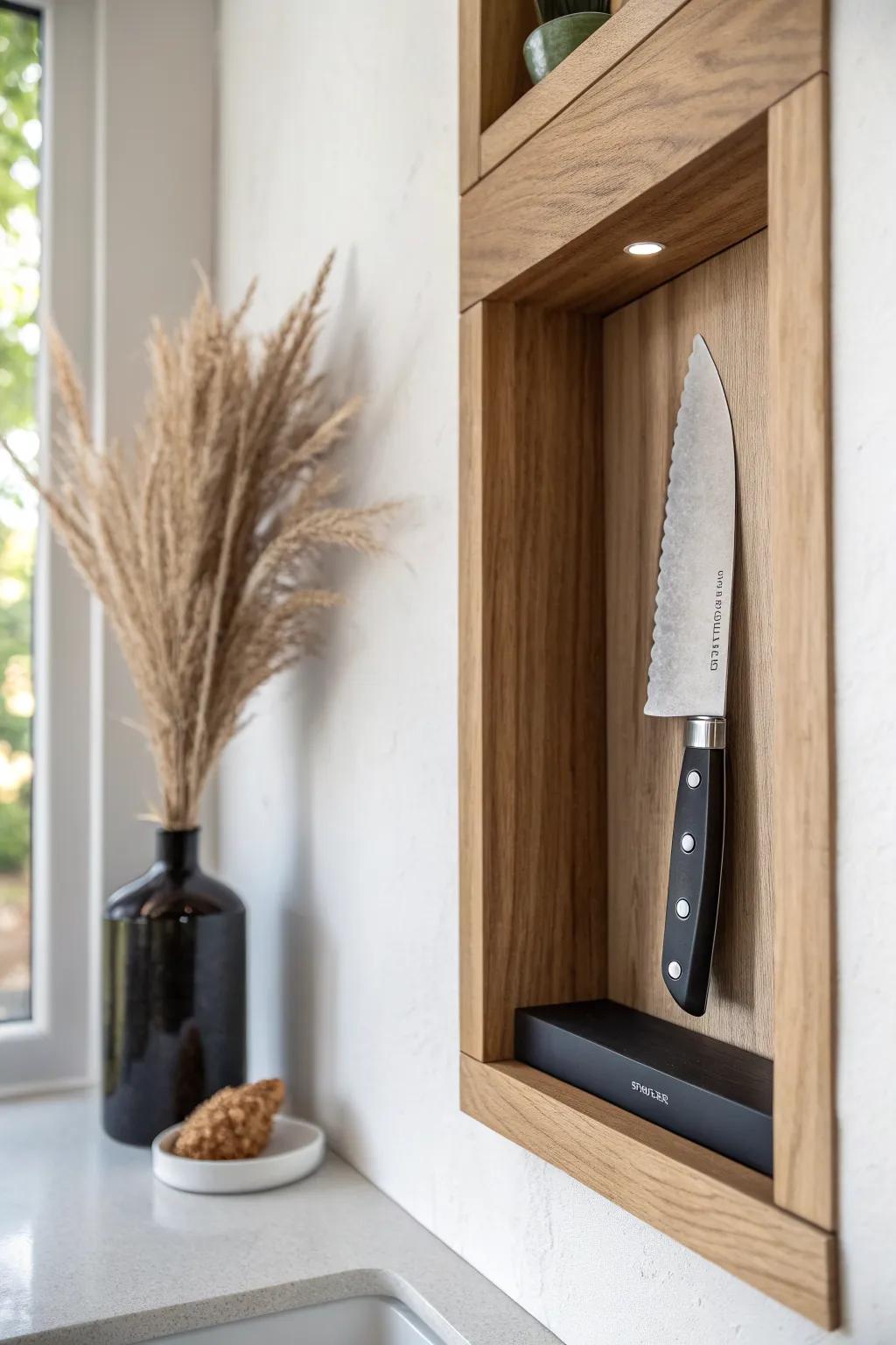 A magnetic knife niche keeps blades visible, off the counter, and safely out of traffic.