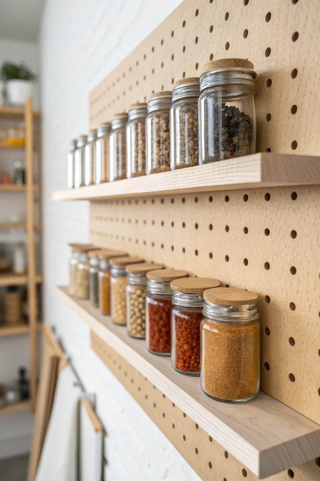 Tiny pegboard shelves turn spices into a neat, single-row pantry wall—pretty and practical.