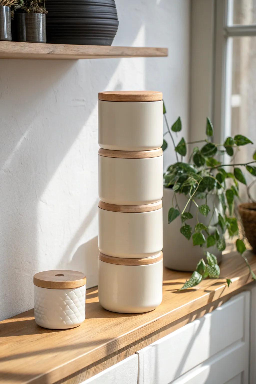 Stack slim canisters vertically—heavy detergent on bottom—for a stable, space-saving shelf.