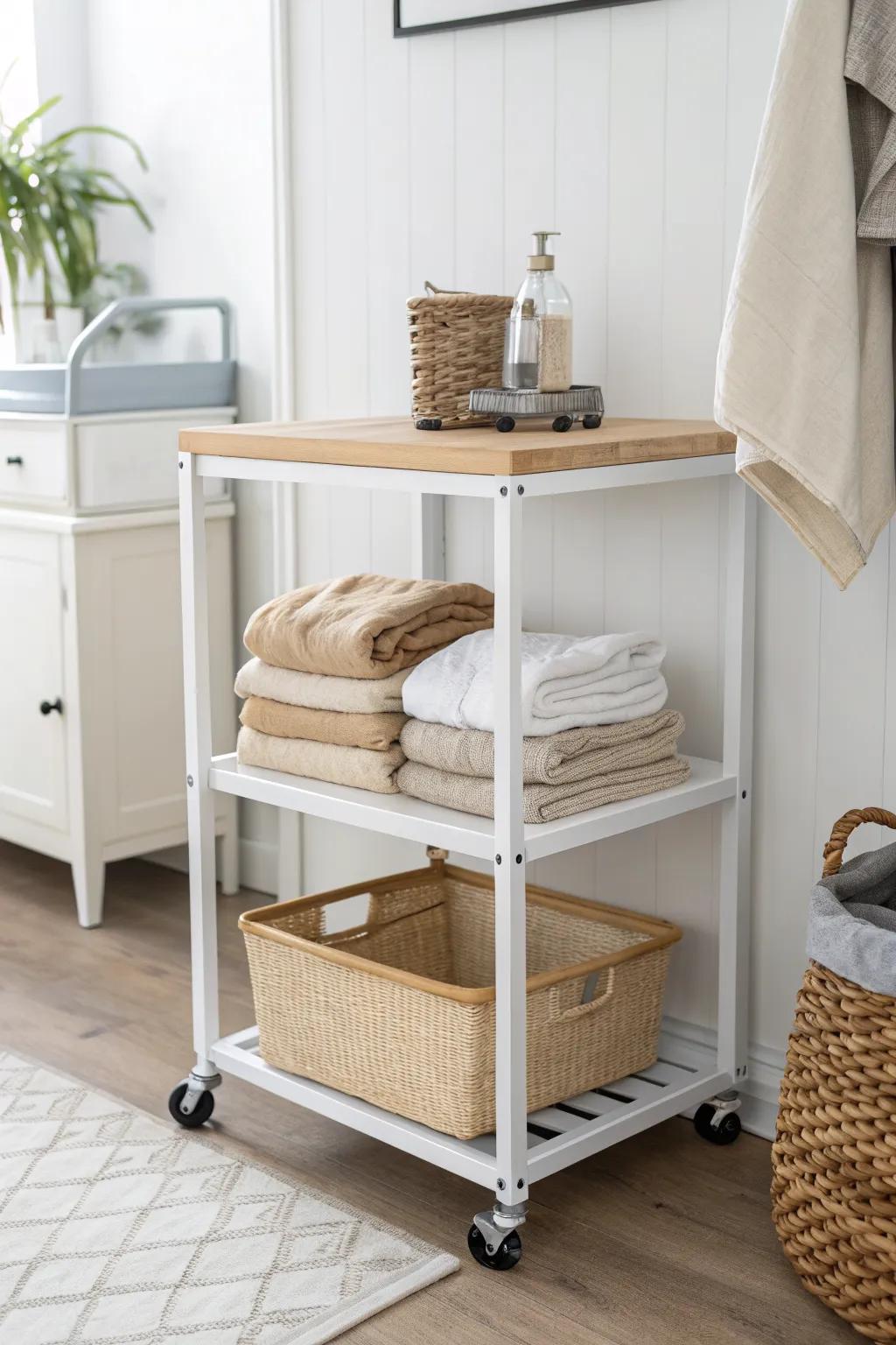 A rolling cart folding station you can tuck away—or roll to the bedroom on busy laundry days.