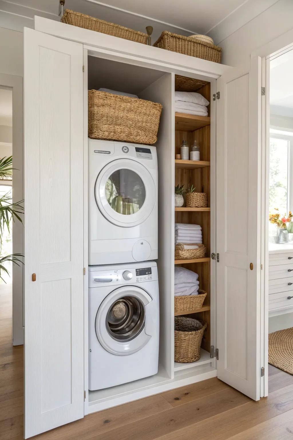A tall pantry cabinet hides a full laundry stack—space-saving, sleek, and beautifully minimal.