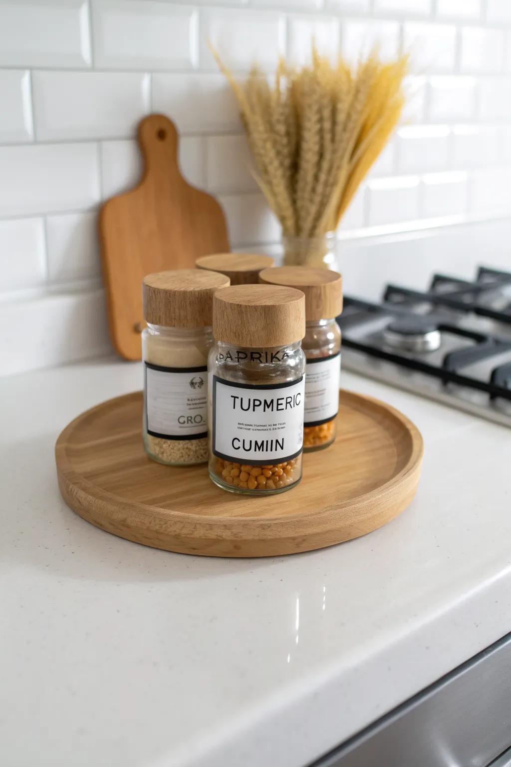 A tiny stovetop lazy susan turns everyday spices into a calm, styled moment in small kitchens.
