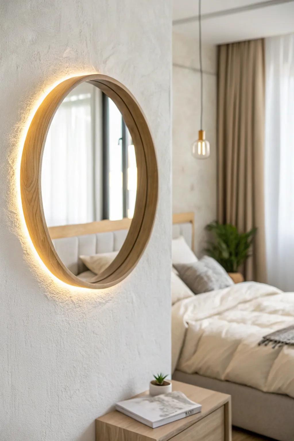 A warm backlit mirror adds flattering LED glow and makes a small bedroom feel brighter.