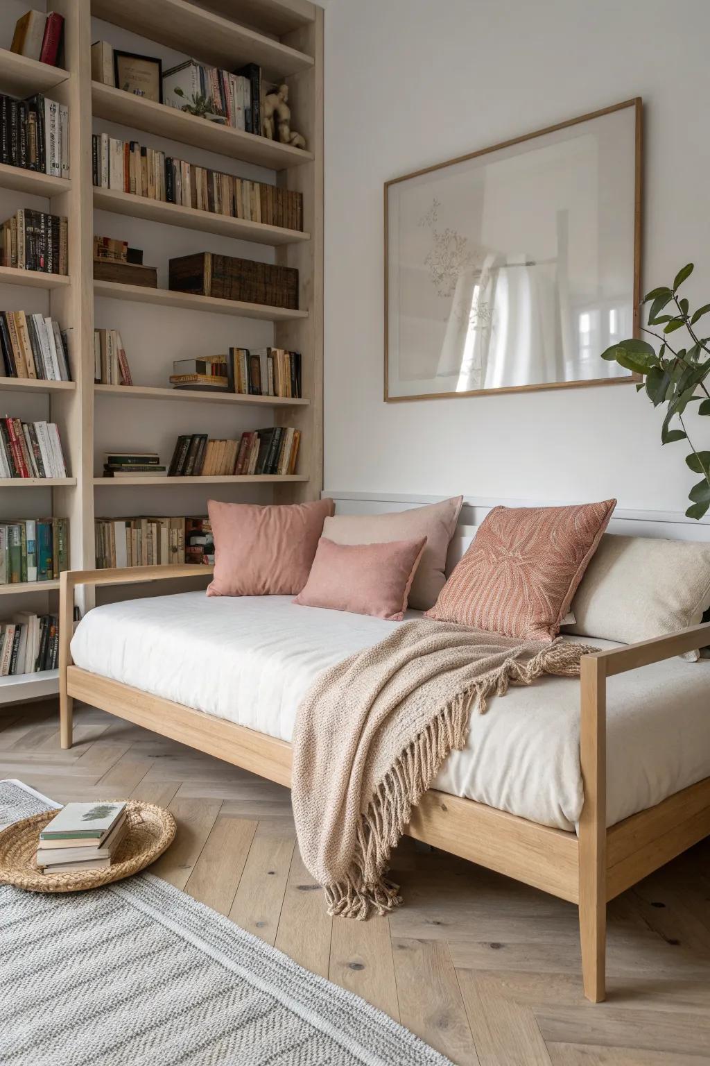 A compact daybed library nook—linen layers, warm wood, and books within arm’s reach.
