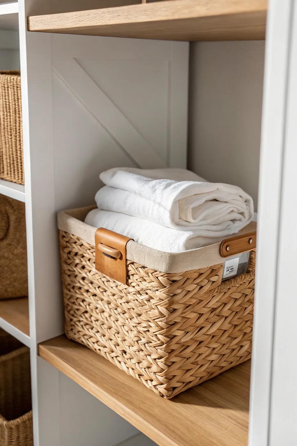 A single pull-out bin makes deep linen closet shelves feel shallow—grab sheets from the front fast.